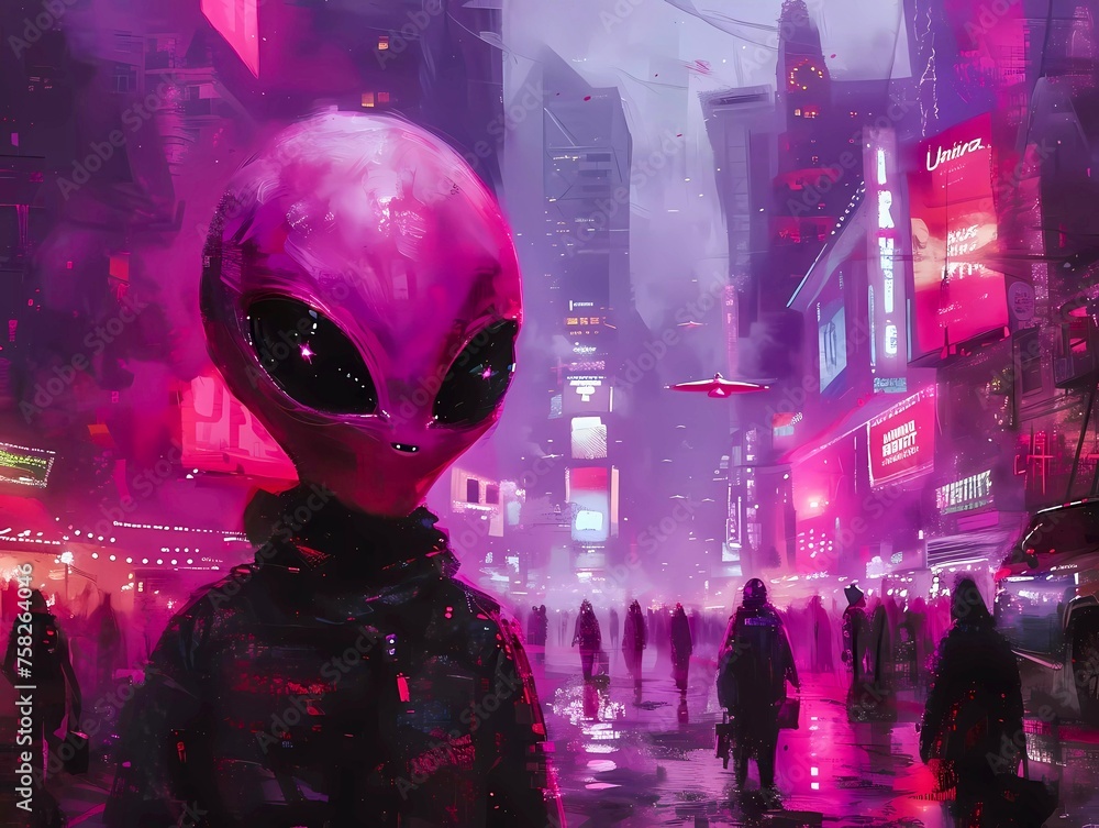 Pink Alien in City 