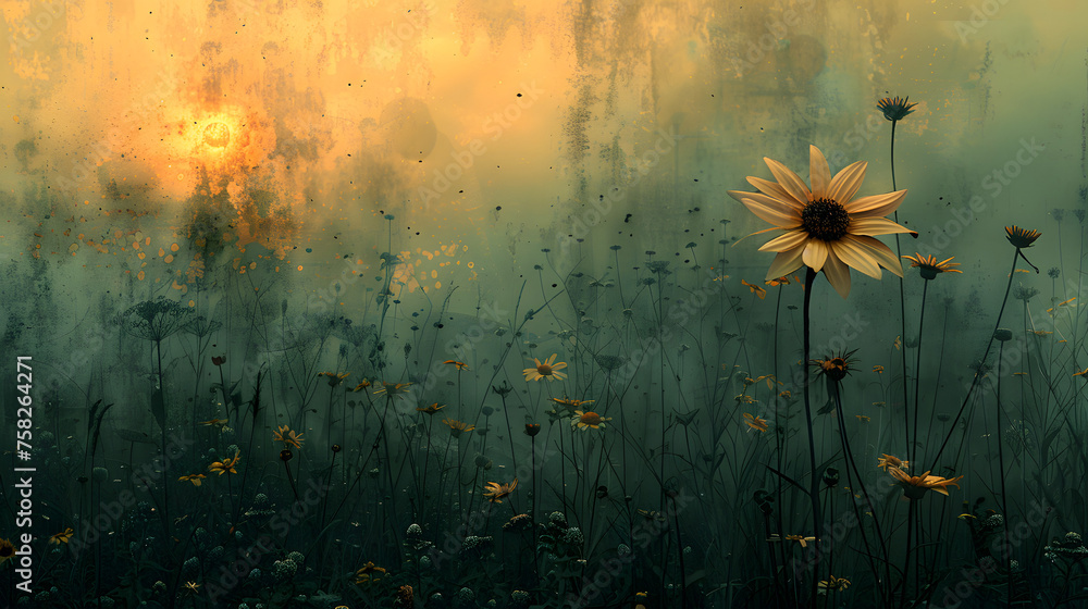 An enchanting image of a dreamy field with flowers dominated by one oversized bloom against a misty sunset background - obrazy, fototapety, plakaty 