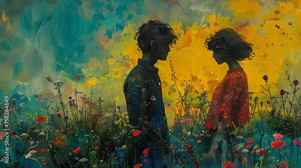 Two silhouettes face each other in a field of red flowers against a vibrant yellow-blue gradient background Two silhouettes face each other in a field of red flowers against a vibrant yellow-blue gradient background