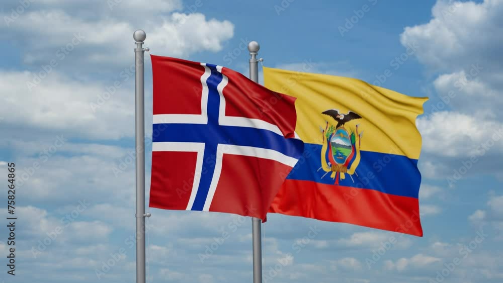 Ecuador and Norway two flags waving together, looped video, two country relations concept Ecuador and Norway two flags waving together, looped video, two country relations concept