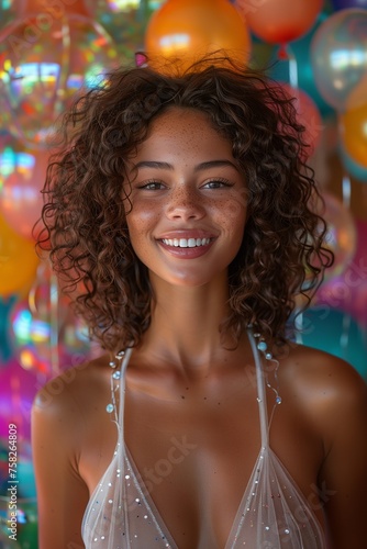 Radiant smile on a beautiful young woman, framed by vibrant balloons in the background © yevgeniya131988
