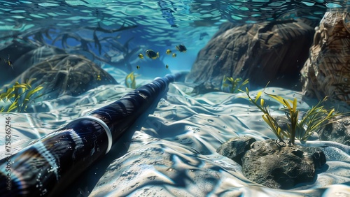 Closeup of subsea pipeline on sandy seabed with coral, fish, creating vibrant underwater scene. photo