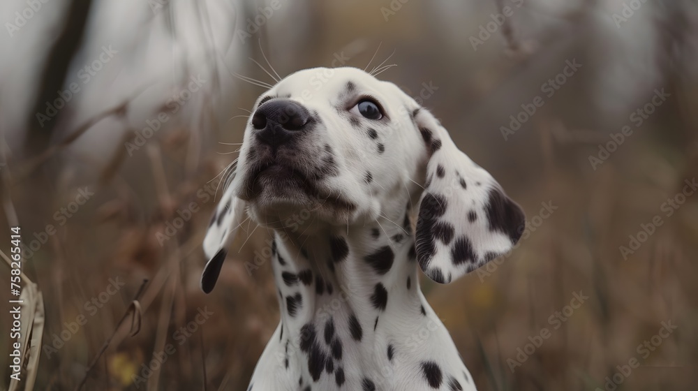 Curious Dalmatian Puppy Gazing Upward in Natural Setting Delightful Pet Portrait