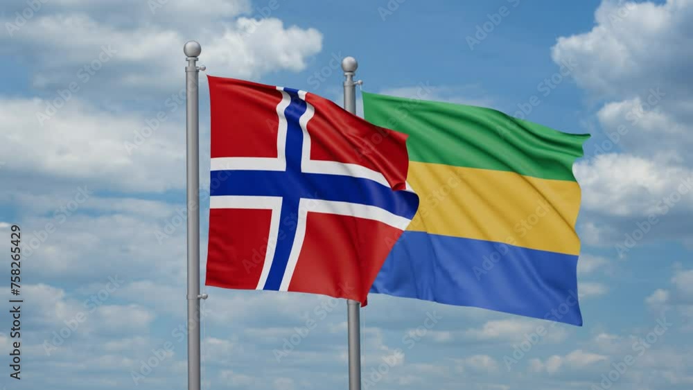 Gabon and Norway two flags waving together, looped video, two country relations concept Gabon and Norway two flags waving together, looped video, two country relations concept