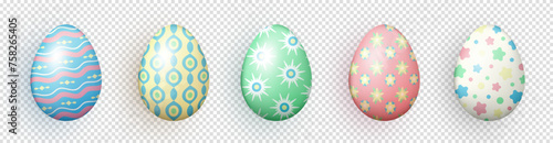 Collection of various colorful three dimensional Easter eggs on transparent background. Realistic 3d multicolored eggs with different patterns as a decoration for Easter holiday