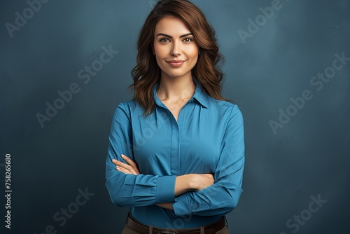 Confident professional businesswoman in blue shirt positively smiling and standing with crossed arms photo