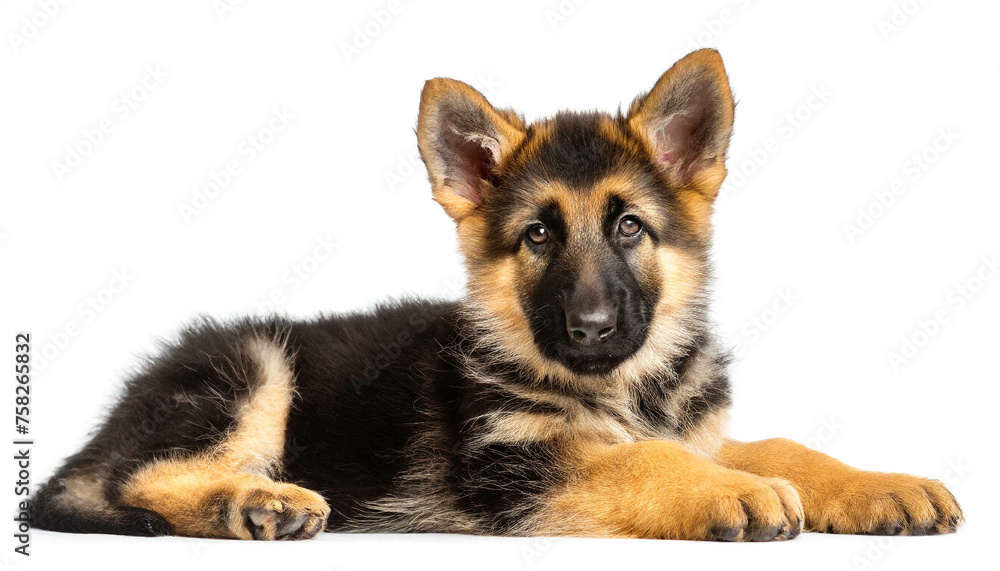 Schäferhund jungtier liegend isoliert auf weißen Hintergrund, Freisteller Schäferhund jungtier liegend isoliert auf weißen Hintergrund, Freisteller