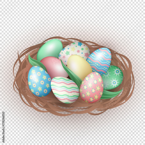 Realistic three dimensional bird's nest with colorful painted Easter eggs isolated on transparent background. 3d pastel colored eggs in a nest as a decoration element for Easter holiday