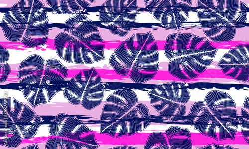 Philodendron exotic foliage botanical repeat ornament over stripes