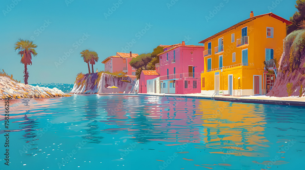 Digital painting of beautiful colorful buildings by the Mediterranean sea with clear blue water