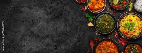 Assorted indian food set on dark background. Bowls and plates with different dishes of indian cuisine. Pongal with sambar and chutney. Top view photo