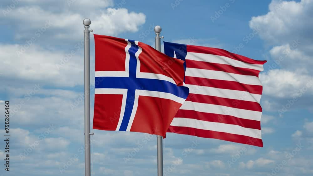 Liberia and Norway two flags waving together, looped video, two country cooperation concept Liberia and Norway two flags waving together, looped video, two country cooperation concept