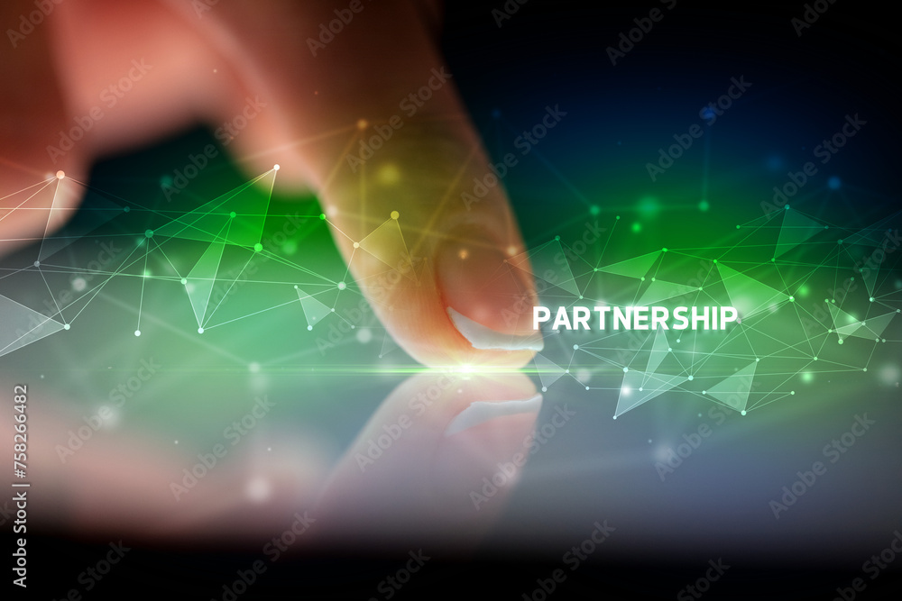 Finger touching tablet with business connection concept Finger touching tablet with business connection concept