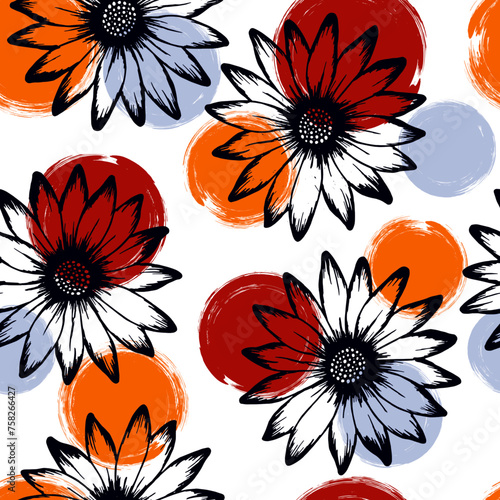 African daisy rustic summer seamless pattern. Sunflower blossom over