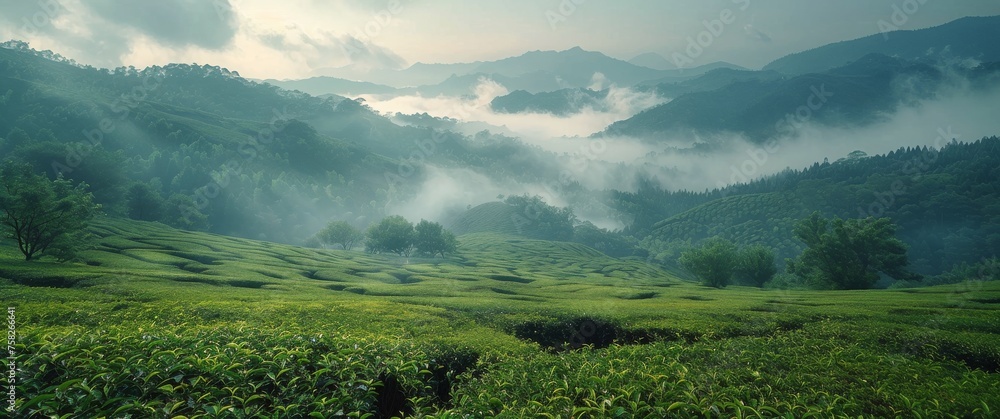 Lush Green Hillside Blanketed in Clouds and Trees