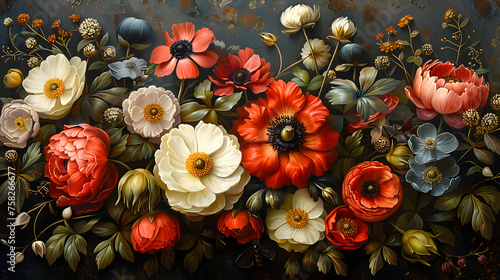 This image features an array of vividly painted flowers on a dark backdrop, reminiscent of classic Dutch still life
