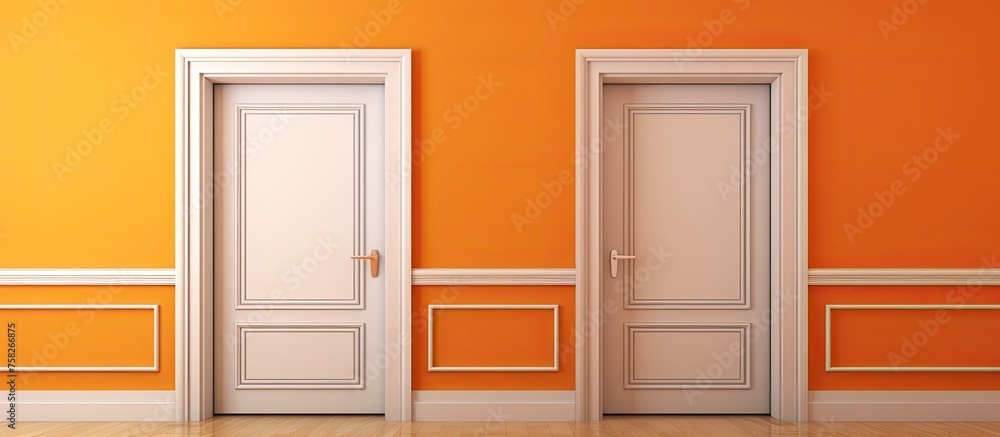 Inside a building with brown fixtures, there are two ambercolored doors made of composite material. The walls are painted in shades of orange Inside a building with brown fixtures, there are two ambercolored doors made of composite material. The walls are painted in shades of orange