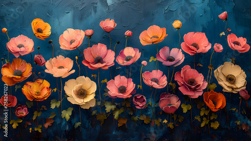 This striking piece features a beautiful array of colorful flowers set against a deep blue background, showcasing skilled oil painting techniques © Reiskuchen