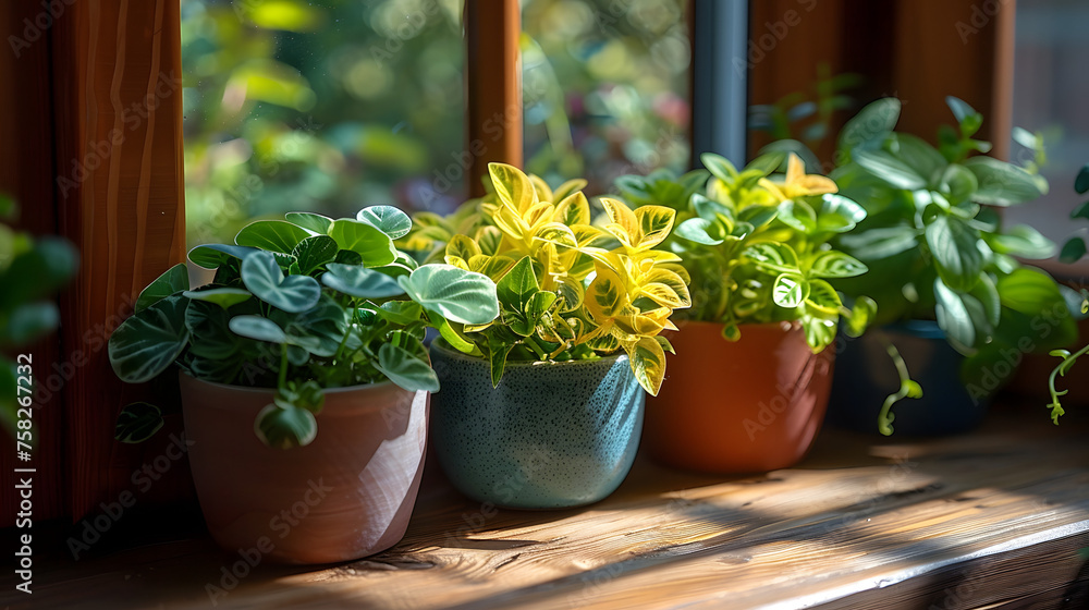 Healthy potted houseplants sitting on a sunny windowsill, conveying a sense of home comfort and love for greenery