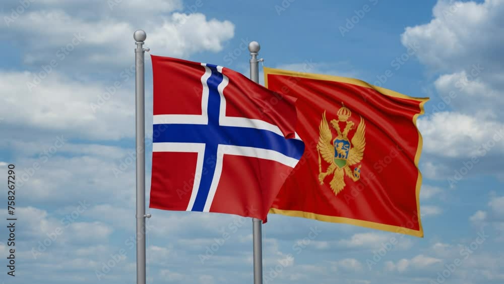 Montenegro and Norway two flags waving together, looped video, two country cooperation concept Montenegro and Norway two flags waving together, looped video, two country cooperation concept