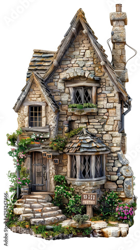 Charming Stone Cottage with Lush Greenery - Transparent background, Cut out