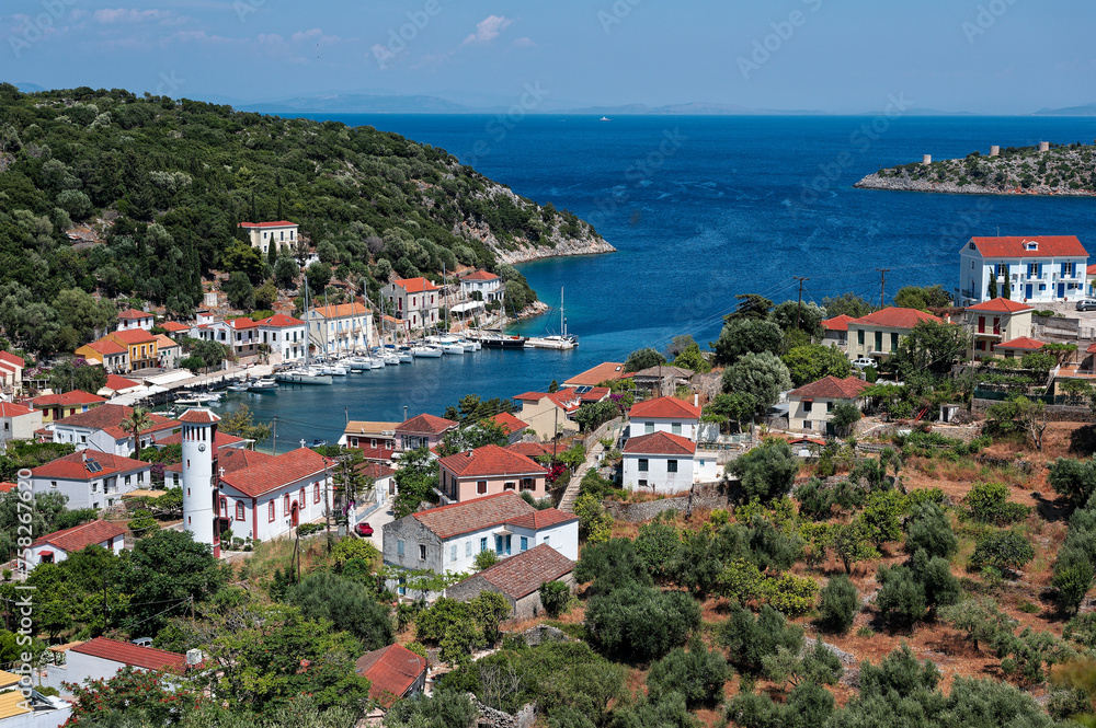View of the village of Kioni in Ithaka island, Greece in summer