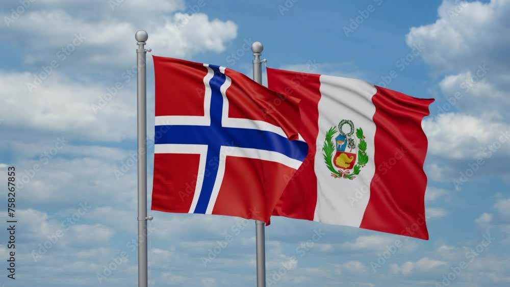 Peru and Norway two flags waving together, looped video, two country cooperation concept Peru and Norway two flags waving together, looped video, two country cooperation concept