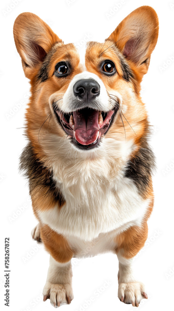 Brown and White Welsh Corgi With Mouth Open - Transparent background, Cut out
