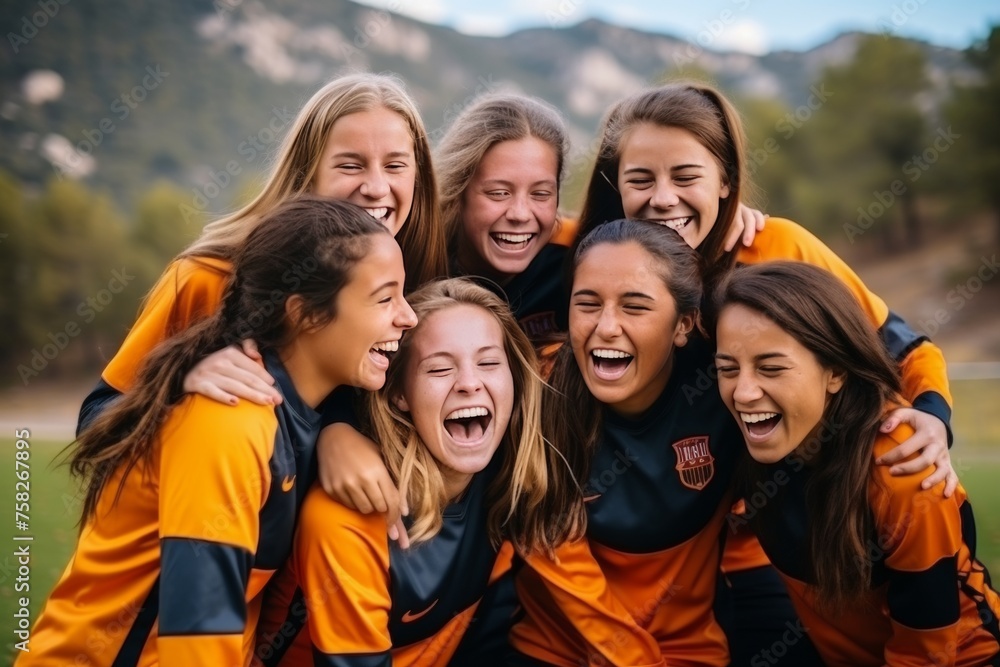 Group of young women soccer players rejoicing and celebrating a successful win on the field Group of young women soccer players rejoicing and celebrating a successful win on the field