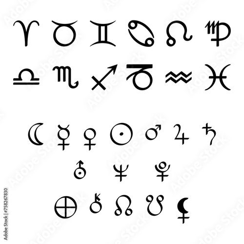 Signs of the zodiac and planetary symbols of astrology. Twelve zodiac signs, ten graphical planet symbols, and the signs for Chiron, True Lilith, Ascending and Descending Nodes, in calligraphic style.