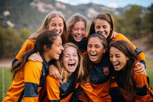 Group of young women soccer players rejoicing and celebrating a successful win on the field