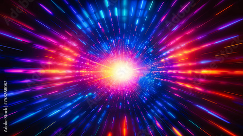 Multiple vibrant light beams shoot out in all directions against a dark background, creating a spectacular explosion of color and brightness.