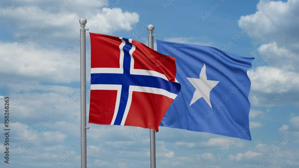 Somalia and Norway two flags waving together, looped video, two country cooperation concept Somalia and Norway two flags waving together, looped video, two country cooperation concept