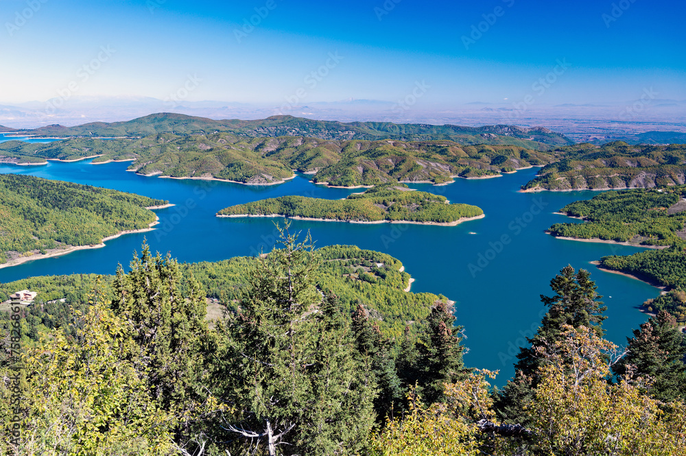 View of the artificial Plastiras or Tavropos lake in Thessaly, Greece