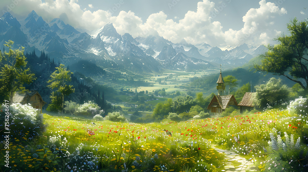 A breathtaking landscape showcasing a picturesque mountain valley with quaint village structures amidst lush greenery and vibrant flora - obrazy, fototapety, plakaty 