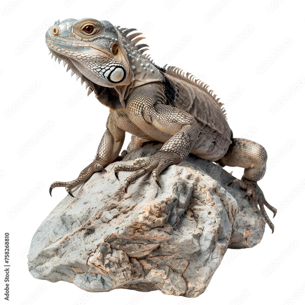 Fototapeta premium Rock-perched iguana - Transparent background, Cut out