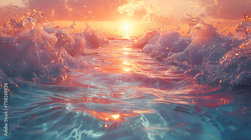 Captivating image of waves crashing energetically with a golden sunset reflecting on the water's surface