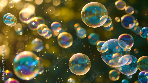 Floating Soap Bubbles with Colorful Iridescent Reflections