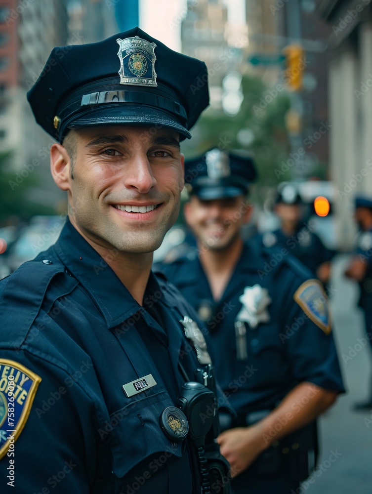 Friendly police officers standing outside police station, ready to assist with maintaining peace and order. Friendly police officers standing outside police station, ready to assist with maintaining peace and order.