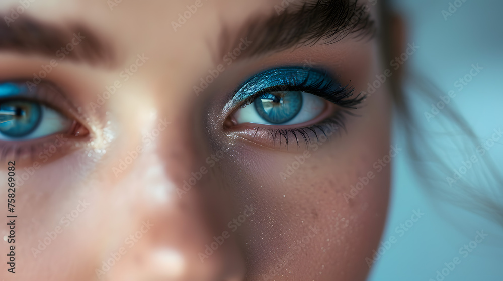 Fototapeta premium Intense Blue Eyeshadow on Woman's Eye Closeup Beauty Shot