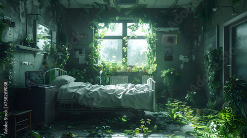 A vibrant and surreal image of a hospital room overrun with lush plant life and dappled sunlight