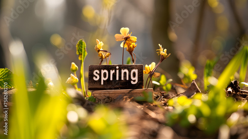Warm Golden Light on Spring Sign with Blooming Flowers