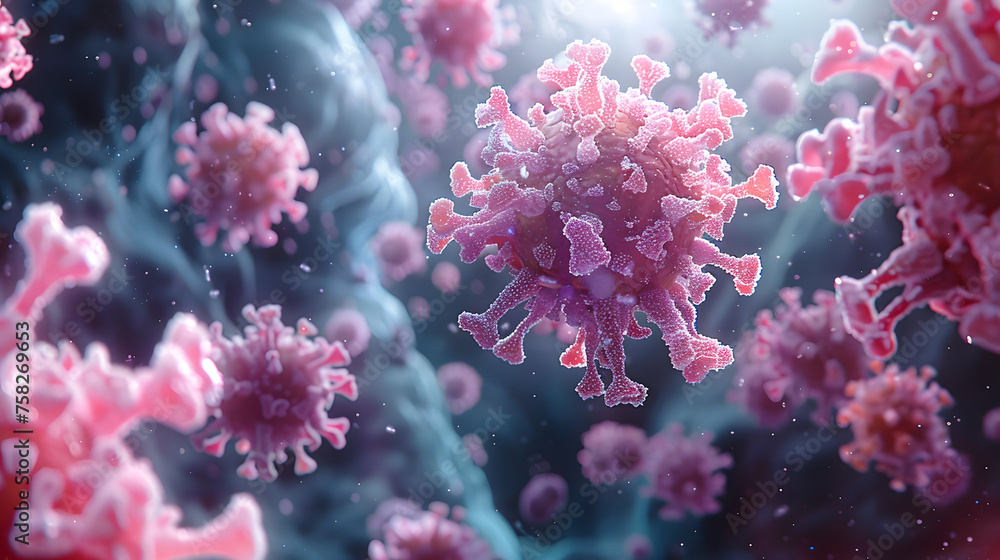 This is a highly-detailed representation of a virus, showing the complex structure of viral particles This is a highly-detailed representation of a virus, showing the complex structure of viral particles