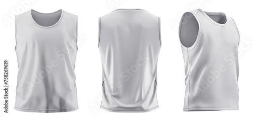  Set of men white front, back and side view sleeveless tee t shirt tank singlet vest round neck on transparent background cutout PNG file. Mockup template for artwork design.