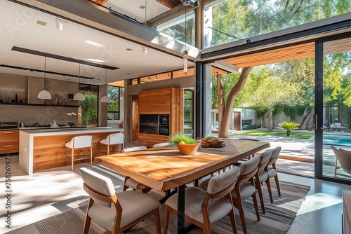 Sunny modern  luxury home showcase interior dining room open to patio
