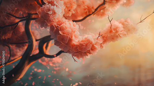 Zbliżenie na gałązkę dzikiej wiśni obsypaną pięknymi, różowymi kwiatami photo