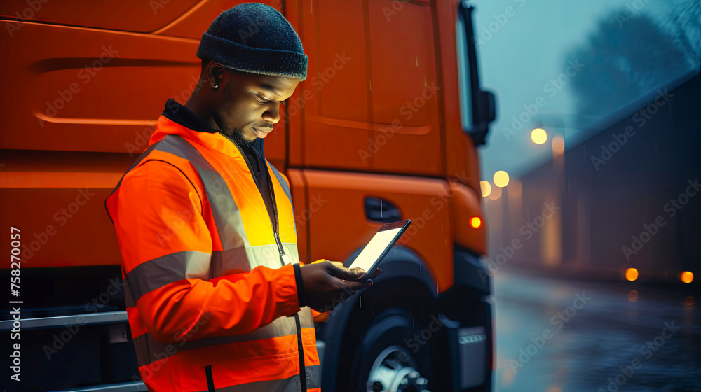 In the form of orange color with a tablet. A black man near a truck - obrazy, fototapety, plakaty 