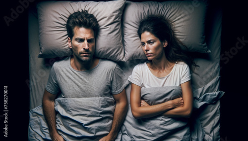 A man and woman lying in bed, facing each other with worried expressions. couple crisis
 photo