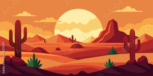 Cartoon desert landscape with cactus  hills  sun and mountains silhouettes  vector nature horizontal background