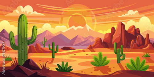 Cartoon desert landscape with cactus, hills, sun and mountains silhouettes, vector nature horizontal background